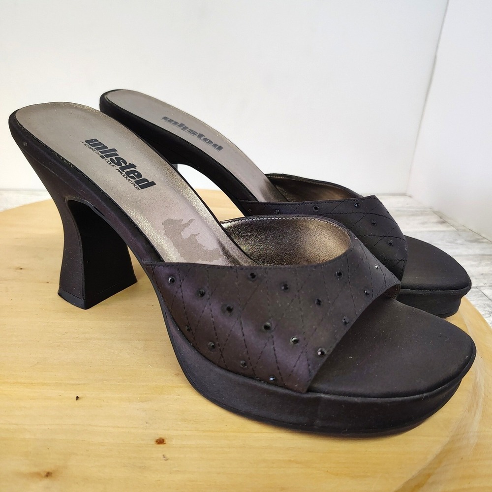 Unlisted Y2K Mule Heels Black Satin Rhinestone Womens Size 8.5
